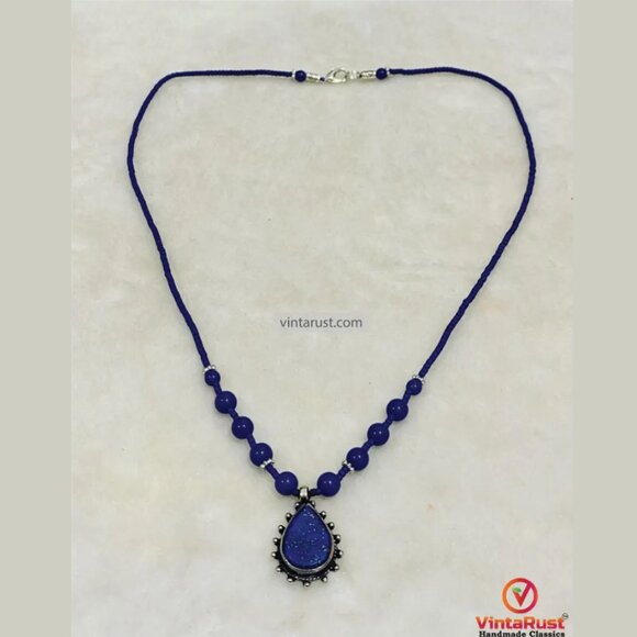Lapis Lazuli Beaded Pendant Necklace: Handmade Gemstone Jewelry - Picture 1 of 4